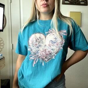 Vintage Disney Pooh Teal Blue Heart Flower Birds Crew Neck Grandma T-Shirt Sz L